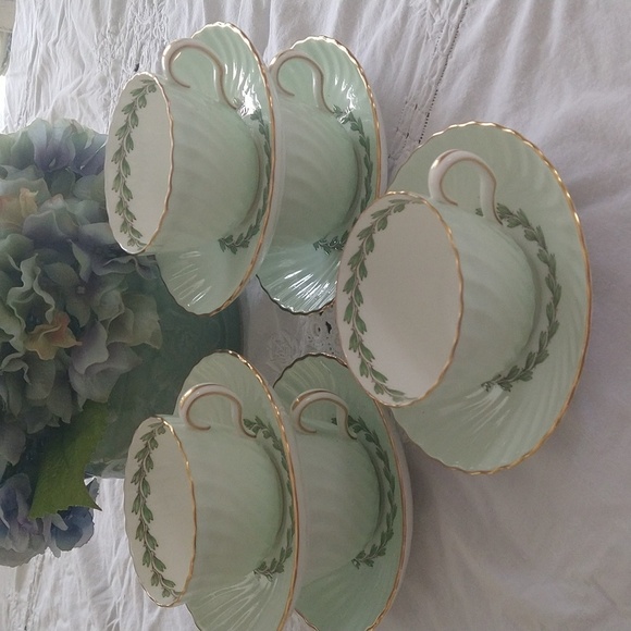 Set Of 5 Teacup And Saucer Minton Cheviot Blue Green Gold Vintage Elegant Design - Picture 3 of 4